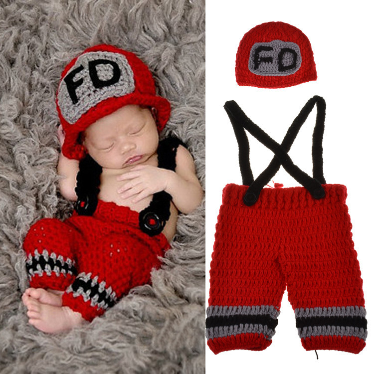Baby Clothing Yellow - Handgemaakte gehaakte pasgeboren babyjongens fotografiekleding brandweerman